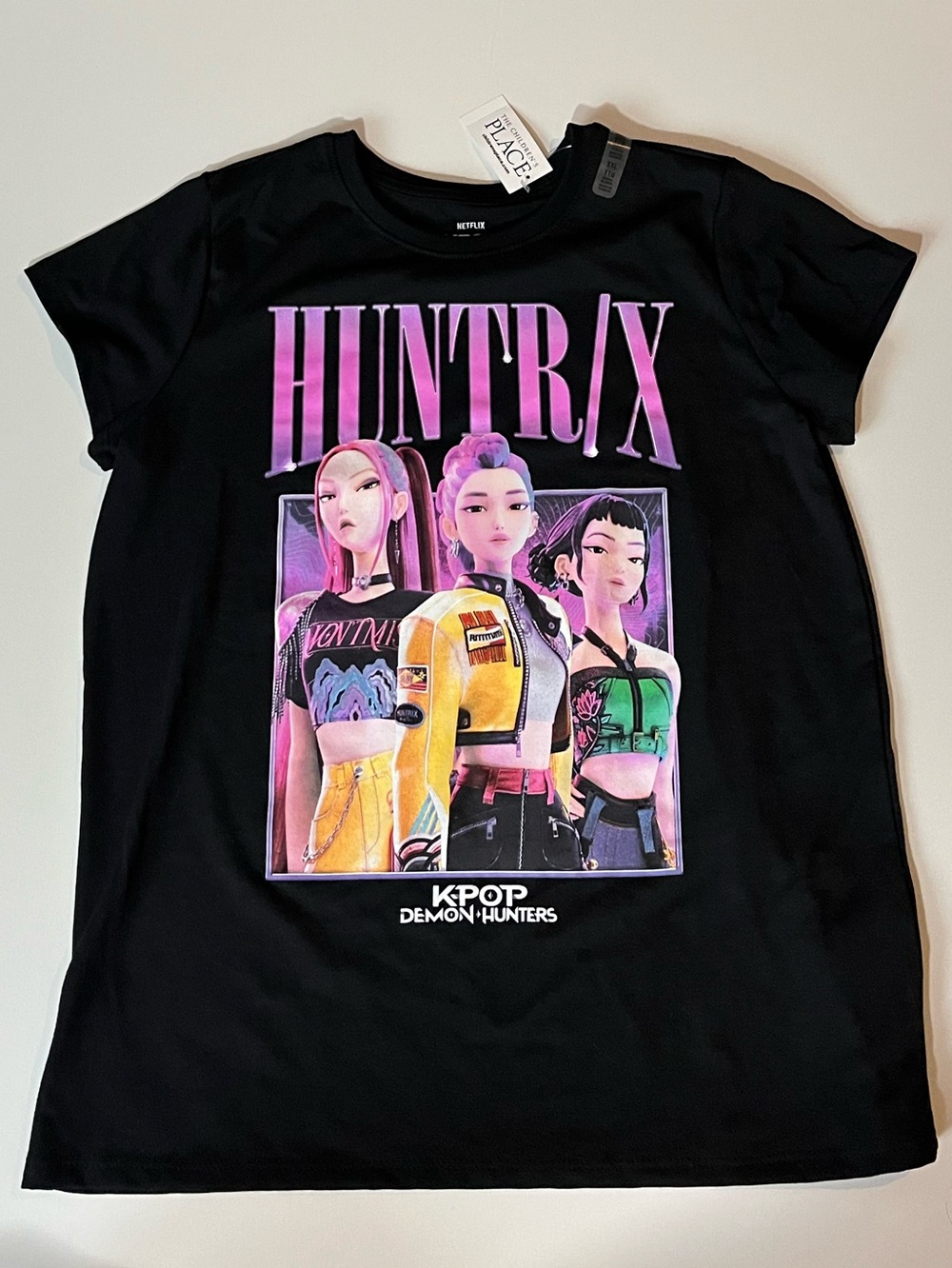 Netflix Black Tee with Pink HUNTR/X K-Pop Graphic